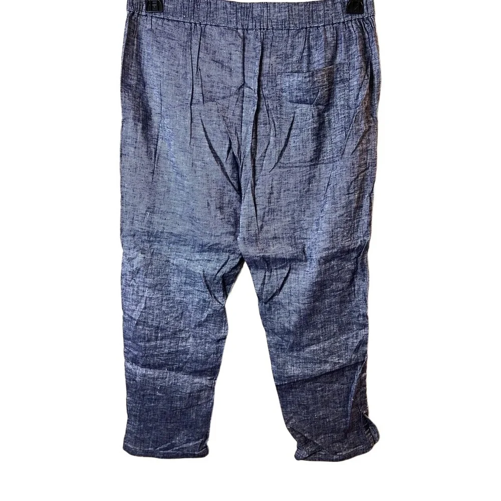 Theory Blue Textured Elastic Waist Cropped Linen Pants Size 10
